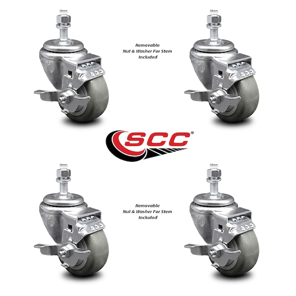 3 Inch Gray Polyurethane Swivel 12mm Threaded Stem Caster Set with Brake SCC